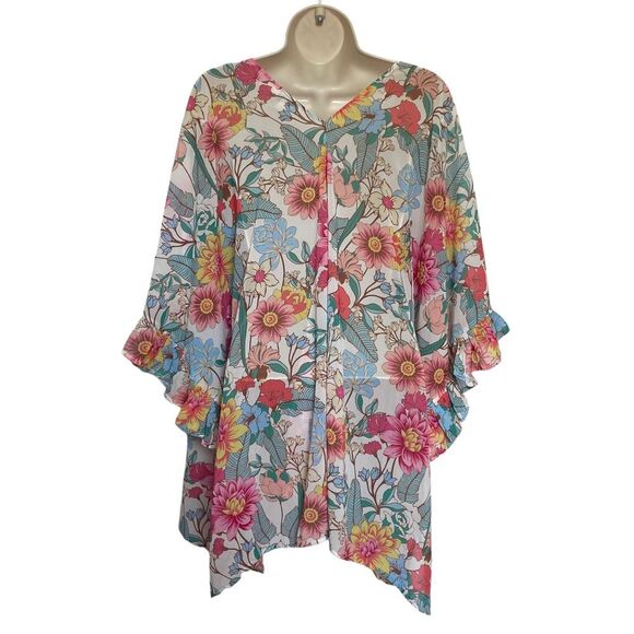 Umgee Floral Ruffle Sleeve Open Front Kimono Cardi Cover Up Top Sz S - Picture 4 of 10